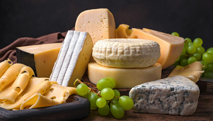 Fototapeta premium Cheese of different types with grapes brought together in close-up. Side view. Variety of cheeses