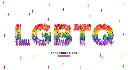 Happy Pride Month. A large group of people form to create the word Lgbtq in Pride flag color. Vector Illustration.