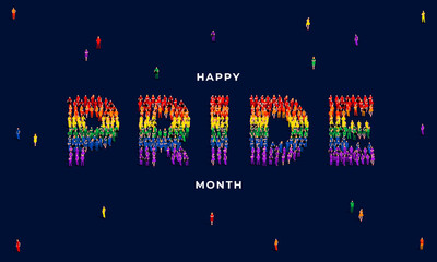 Happy Pride Month. A large group of people form to create the word Pride in LGBT flag color. Vector Illustration.