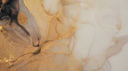 Abstract art grain gold and beige glitter wave watercolor background. Marble texture. Alcohol ink.