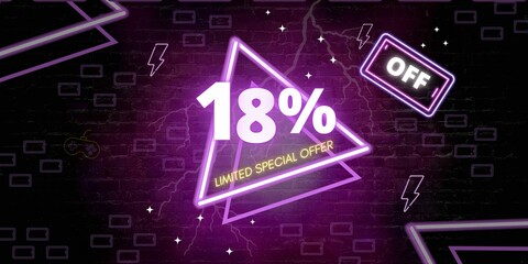 18% off limited special offer. Banner with eighteen percent discount on a black background with purple triangles neon