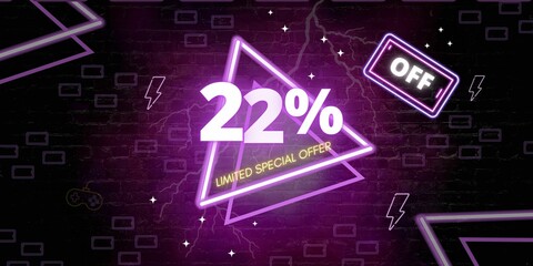 22% off limited special offer. Banner with twenty two percent discount on a black background with purple triangles neon