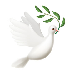 White dove of peace flying with green olive twig isolated on white background