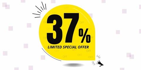 37% off limited special offer. Banner with thirty seven percent discount on a yellow round tag