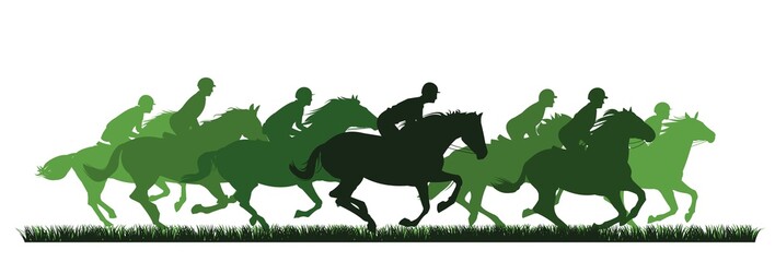 Jockey competition. Horses ride fast. Image silhouette. Sports and sporting pet animals. Isolated on white background. Vector
