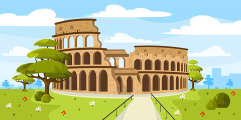 Vector illustration of a beautiful summer park with a historic coliseum. Cartoon urban landscape with historical buildings, trees, path, flowers and city in the background. - obrazy, fototapety, plakaty
