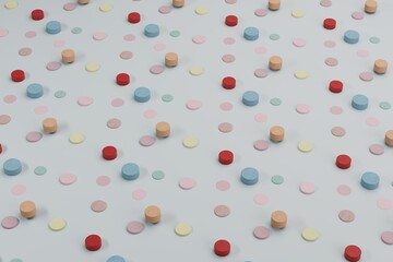 3d colored cylinders stick out of holes. Background for design. colored cylinders