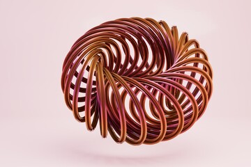 brown spiral twisted in a circle on a pink background. 3d illustration. 3d render.