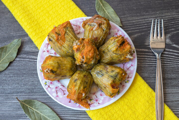 Traditional delicious Turkish - Greek cuisine, Turkish food; Stuffed zucchini flowers (Turkish name; kabak cicegi dolmasi)