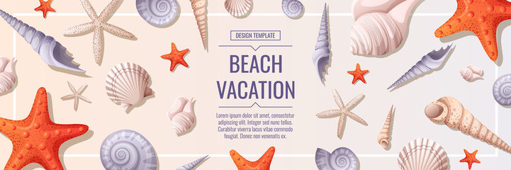 Nautical banner with shells and starfish. Beach holidays, summer holidays, marine theme. Webbaner, poster, flyer, advertising.