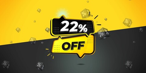 22% off limited special offer. Banner with twenty two percent discount on a  black and yellow background with yellow square and black. Illustration 3d