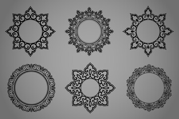 Set of decorative frames Elegant vector element for design in Eastern style, place for text. Floral black and gray borders. Lace illustration for invitations and greeting cards