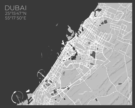 Dubai Map - abstract monochrome design for interior posters, wallpaper, wall art, or other printing products. Vector illustration