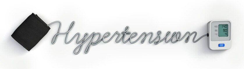 Hypertension word made from blood pressure monitor tube. Hypertension on concept. 3d illustration.