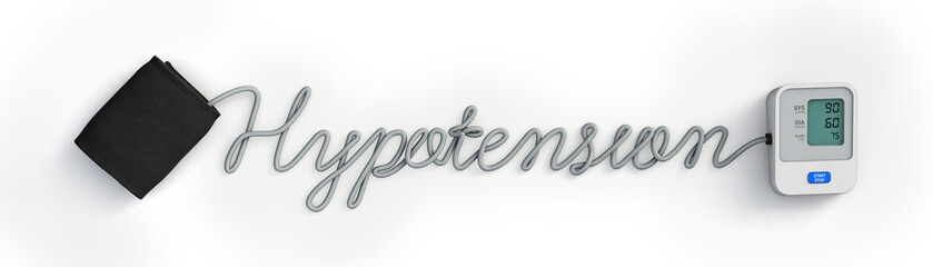 Hypotension word made from blood pressure monitor tube. Hypertension on concept. 3d illustration.