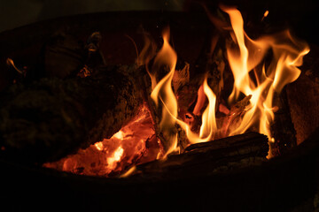 Bonfire lit with firewood in dark environment