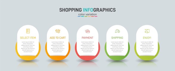 Concept of shopping process with 5 successive steps. Five colorful graphic elements. Timeline design for brochure, presentation, web site. Infographic design layout.