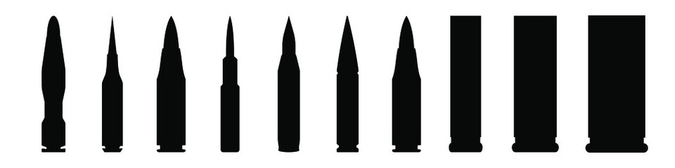 Bullets black vector set. Set of black cartridges of different styles isolated on white background. Bullet silhouette. Cartridge silhouette.
