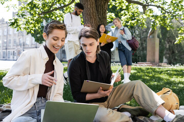 Smiling student pointing at laptop near friend with notebook on grass in park.