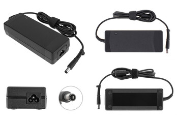 laptop power adapter, on white background, collage