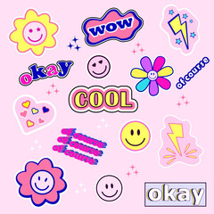 a set of bright colored stickers of the 2000s