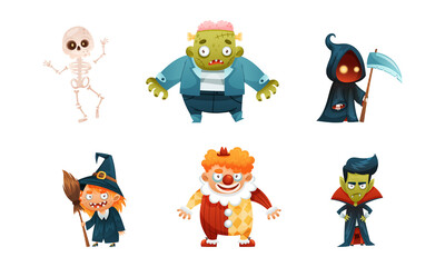 Obraz na płótnie Canvas Set of funny Halloween characters. Skeleton, Frankenstein, witch, clown, vampire vector illustration