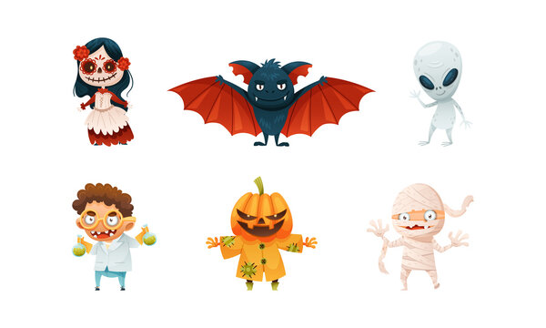 Set of funny Halloween characters. Scarecrow, alien, scientist, mummy vector illustration
