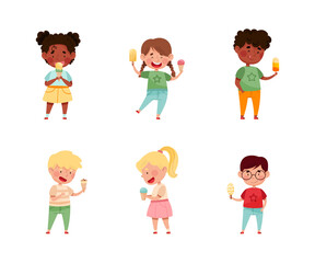 Little hildren feeling happy with their ice cream set vector illustration