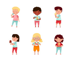 Cute happy little boys and girls enjoying of eating ice cream set vector illustration