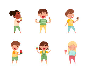 Set of cute happy kids eating ice cream vector illustration