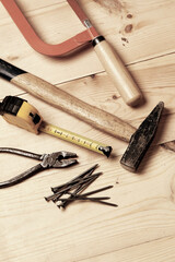 set of tools on the wood background