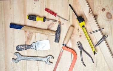 set of tools on the wood background