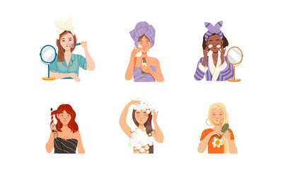 Women beauty routine set. Beautiful girls applying face mask, washing, combing and curling hair vector illustration