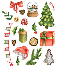 Watercolor set of Christmas elements isolated on white background. 