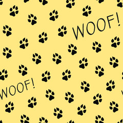 Seamless vector pattern with dog paws print and Woof text. Animal footprint on yellow background.