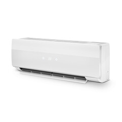 Three quarter view of a white modern air conditioner, isolated on white