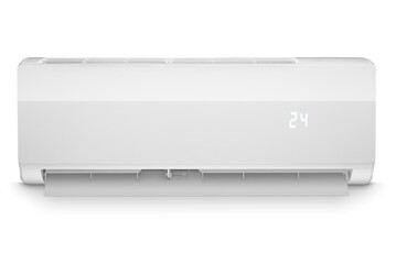 Front view of a white modern air conditioner, isolated on white