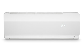 Front view of a white modern air conditioner, isolated on white