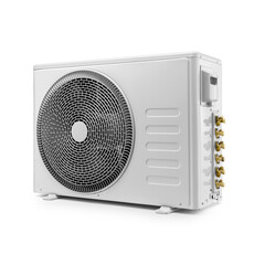 three quarter view of outdoor air conditioner unit, isolated