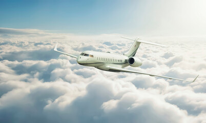 Private jet in flight over the clouds - obrazy, fototapety, plakaty