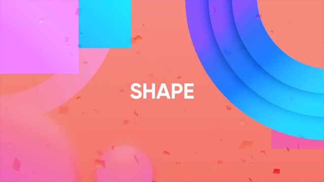 Pink and blue background. Motion.The inscription shape and the different geometric three d shapes appearing.