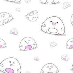 Japanese rice dessert mochi. Seamless pattern. Cute dessert on a white background. Vector icon of Mochi. Wallpaper with a mochi pattern.