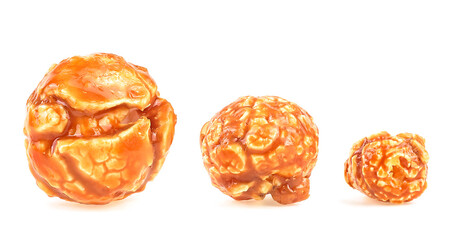 Collection of delicious caramel popcorn isolated on a white background.