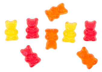 Colorful eat gummy bears isolated on a white background, top view.
