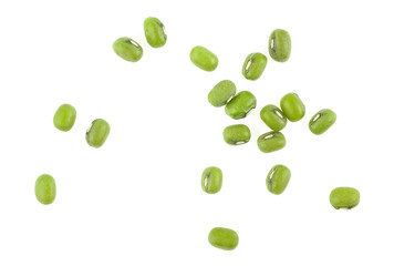 Green mung beans isolated on a white background, top view.