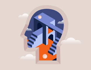 Philosophy, psychology, mental health concept. Surreal head with abstract geometric architectural shapes. Metaphor for open mind, creative thinking, dream. Isolated vector illustration