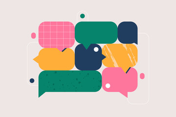 Speech bubbles, communication concept. Colorful geometric shapes. Conversation, rhetoric, discussion symbols. Art of oratory, public speaking. Isolated abstract flat vector illustration - obrazy, fototapety, plakaty