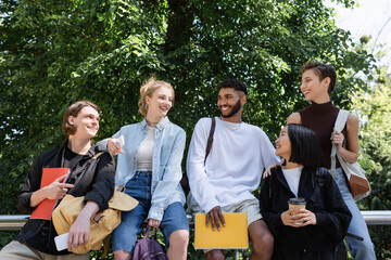 Positive multicultural students with notebooks talking in park.