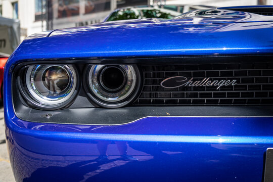 BERLIN - JUNE 18, 2022: Fragment of the muscle car Dodge Challenger R/T. Classic Days Berlin.