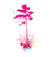 Abstract nature. Tree and flying birds. pine pink abstraction. Vector illustration